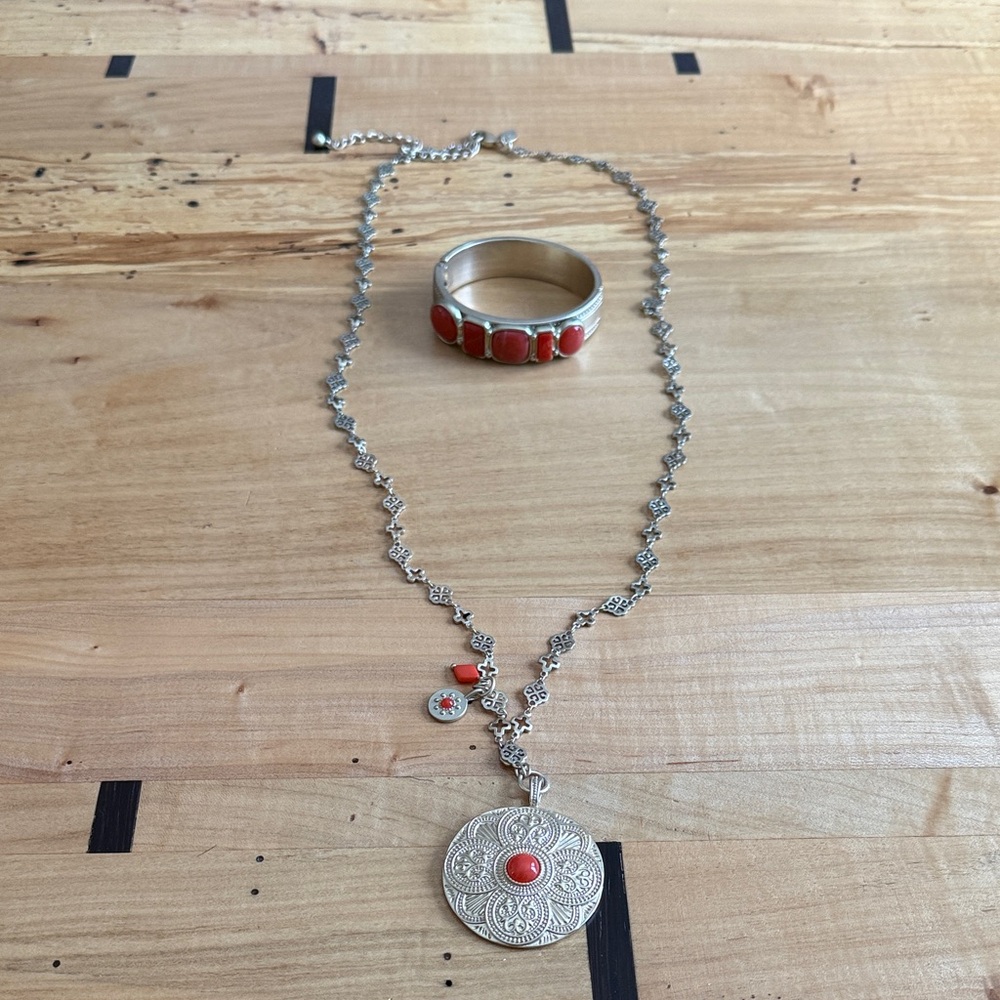 Chico’s Gold and Coral Pendant Necklace and Ring Set